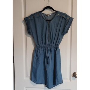 Chambray Denim Cotton Shirt Dress Zip Faux Tie Waste S Gold Buttons Short Sleeve